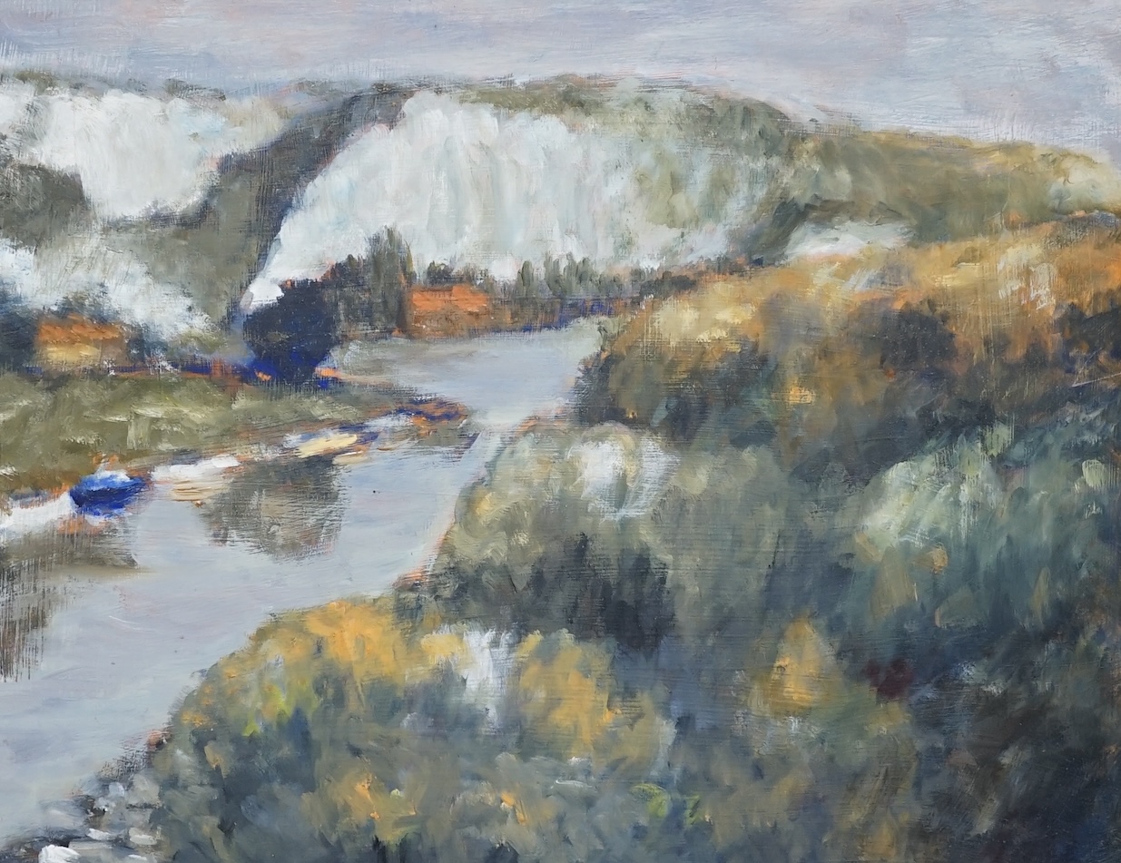 Helen Holder, oil on board, 'Down The Ouse', label verso, 40 x 50cm. Condition - good